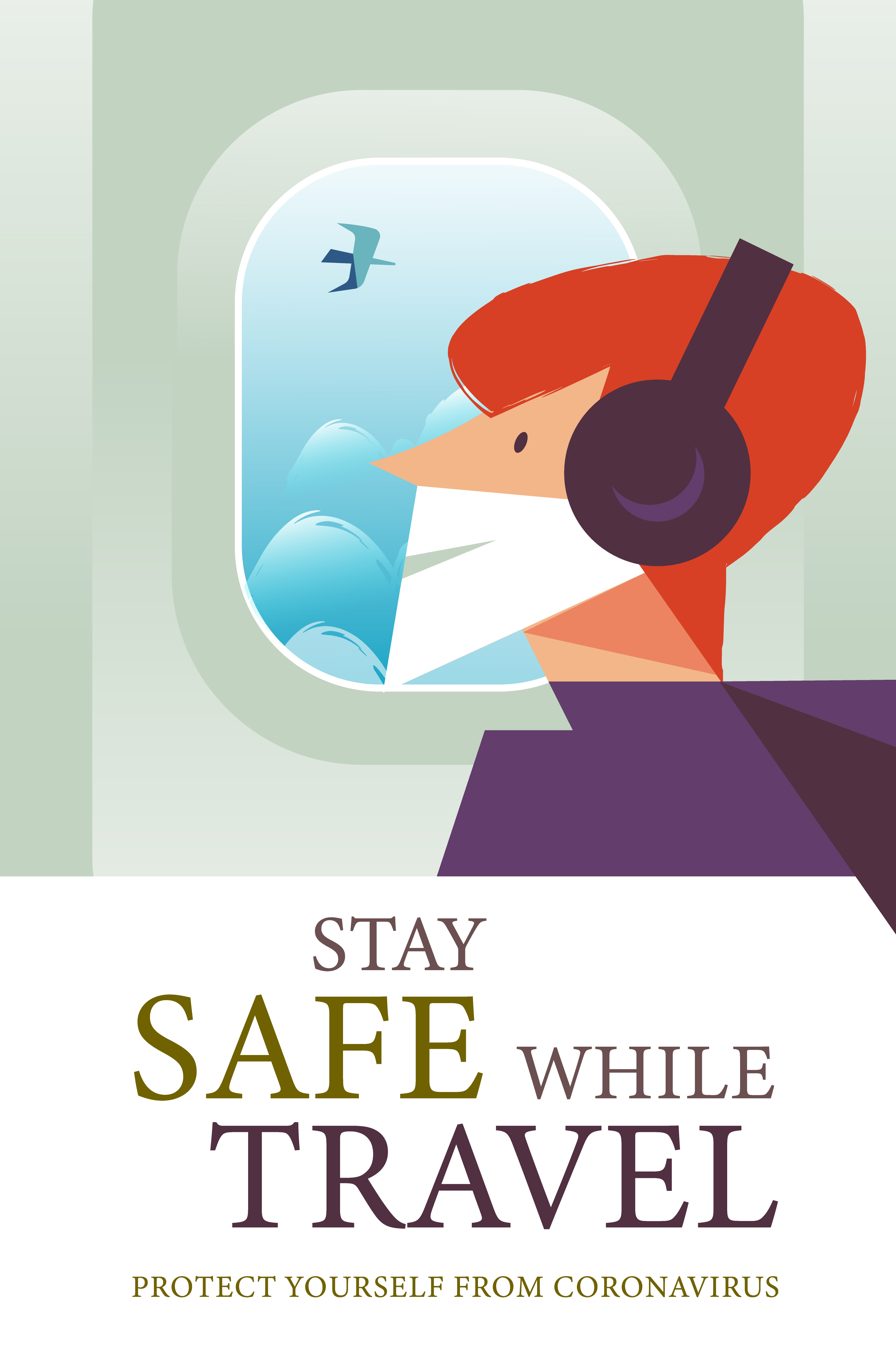 Stay safe while traveling. Vector poster encouraging people to wear masks. A man in a medical mask is flying on a plane.. Stay safe while traveling. Vector poster encouraging people to wear masks.