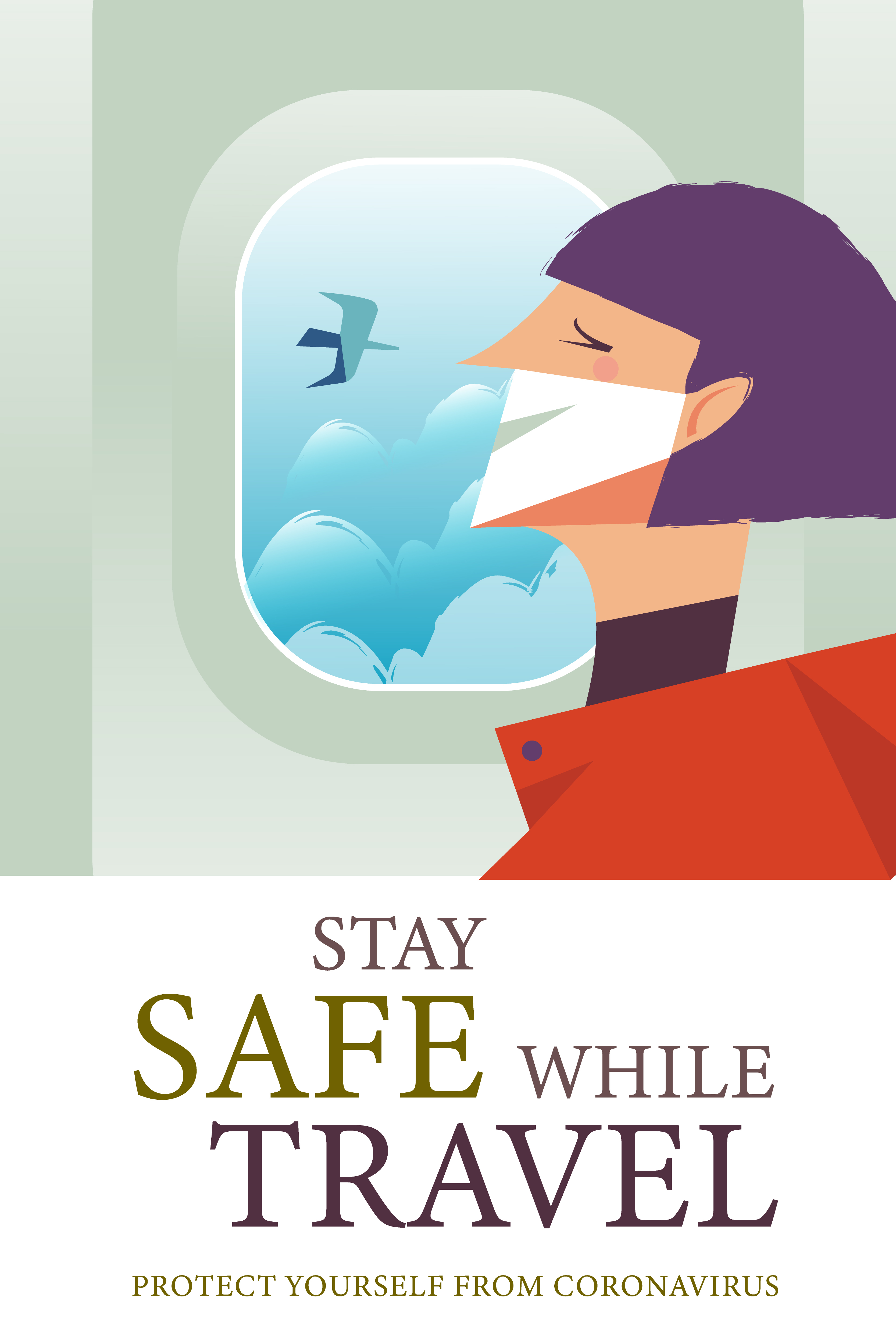 Stay safe while traveling. Vector poster encouraging people to wear masks. A girl in a medical mask is flying on a plane.. Stay safe while traveling. Vector poster encouraging people to wear masks.