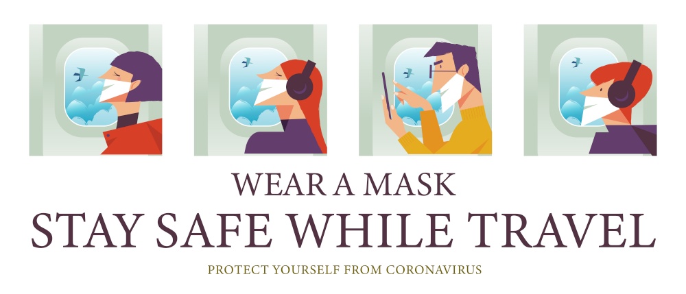 Stay safe while traveling. Vector poster encouraging people to wear masks. Men and women in medical masks fly in the plane.. Stay safe while traveling. Vector poster encouraging people to wear masks.
