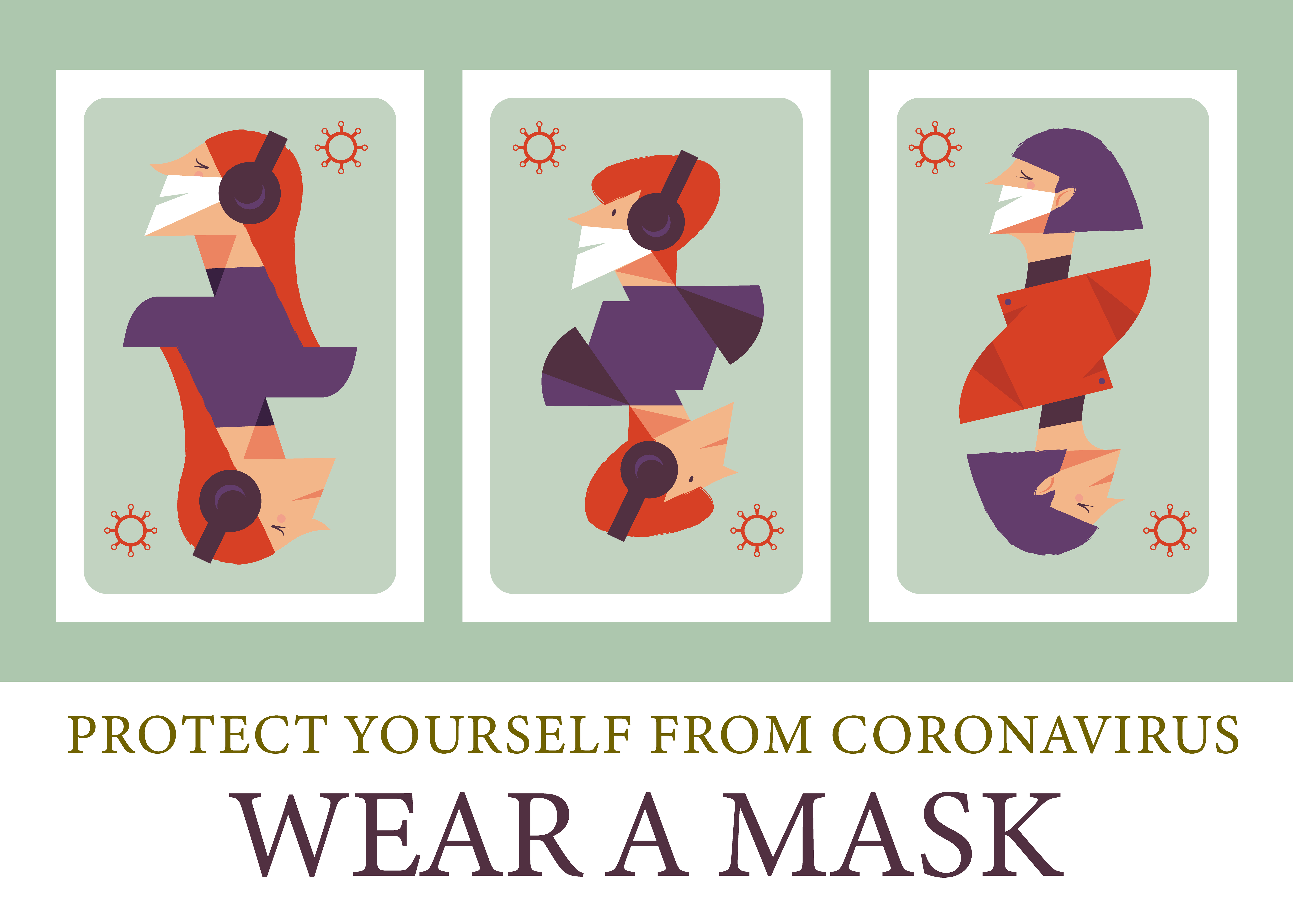 A man and a girl in medical masks. Please put on your mask. Vector poster encouraging people to wear masks during the coronavirus pandemic.. Please put on your mask. Vector poster encouraging people to wear masks during the coronavirus pandemic.