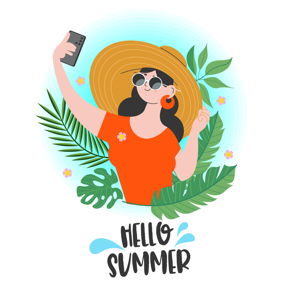 Hello summer. A beautiful girl in a straw hat and sunglasses takes a selfie among the exotic foliage. Vector summer bright illustration.. Hello summer. The girl in the hat takes a selfie. Vector illustration.