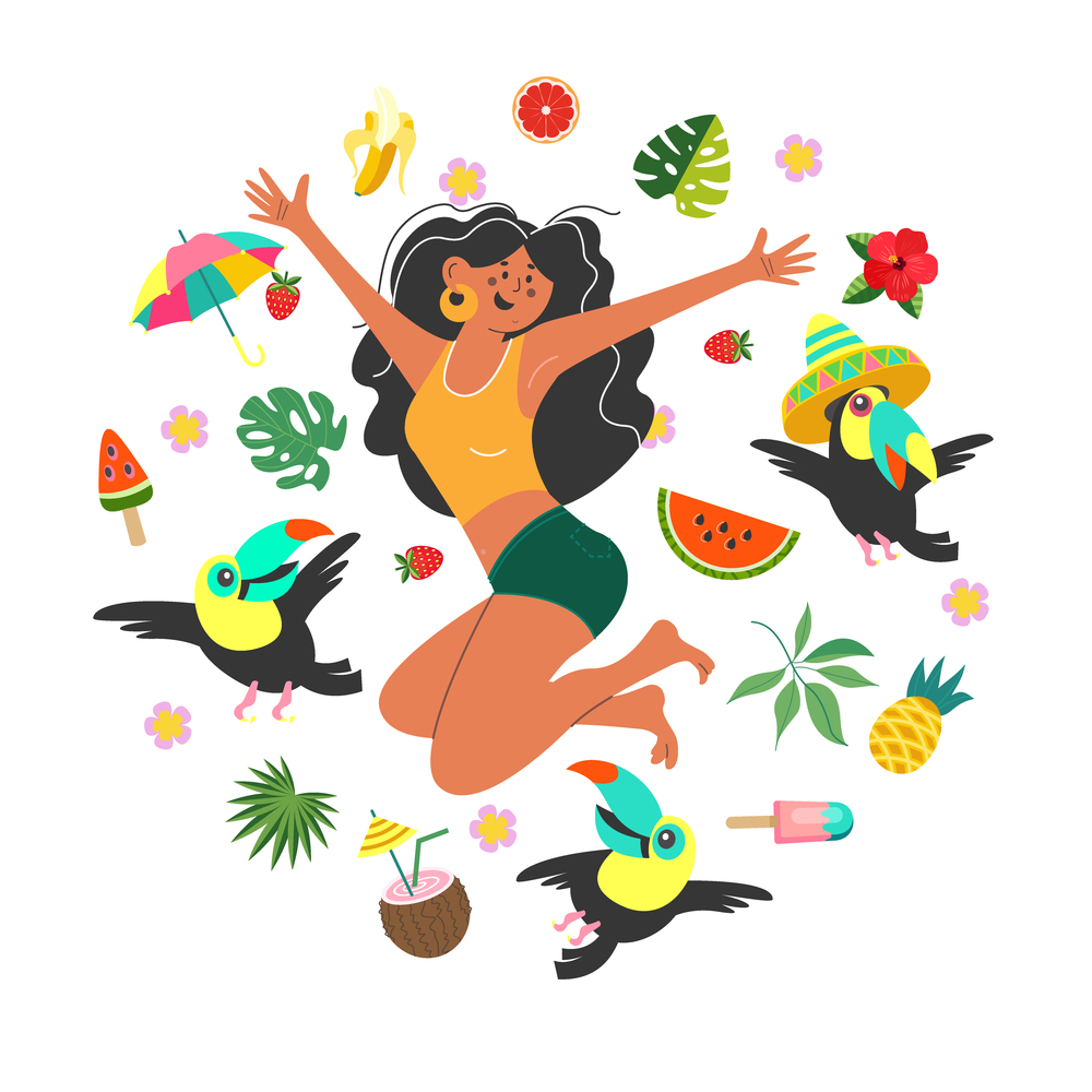 Happy girl and happy toucans among fruits and flowers. Vector summer illustration.. Happy girl and toucans. Vector summer illustration.