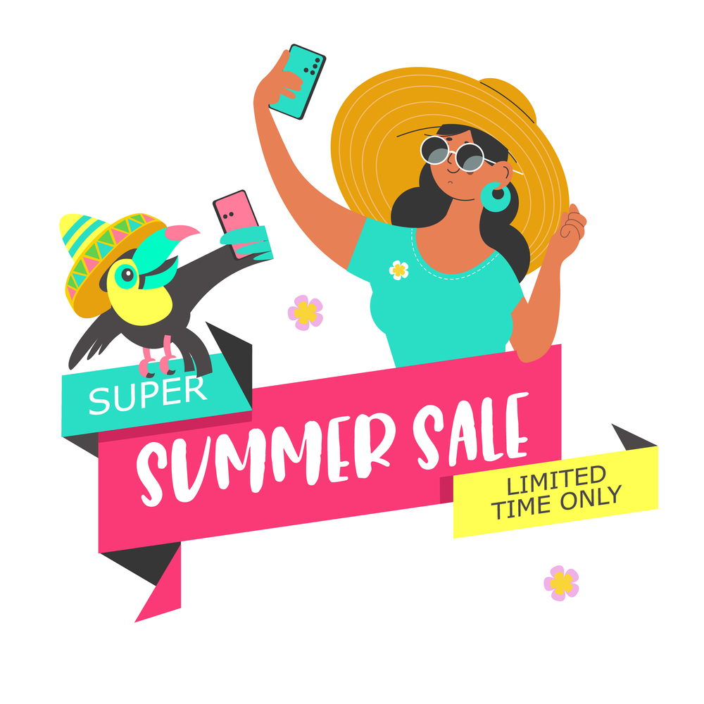 Summer sale. Vector poster, banner in flat cartoon style. A girl and a toucan in straw hats take a selfie. A bright summer illustration.. Summer sale. Vector poster, illustration. A girl and a toucan take a selfie.