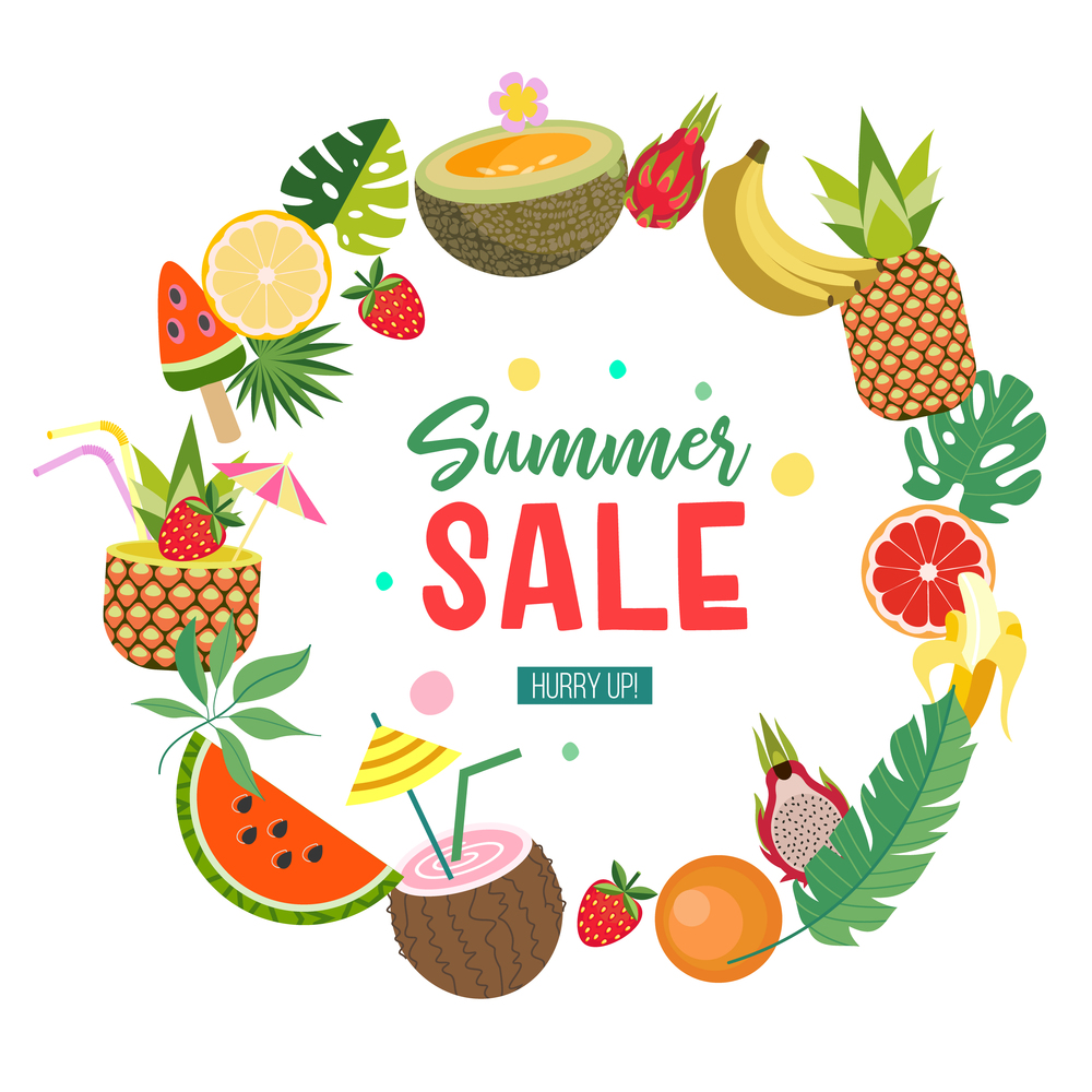 Fresh fruit, tropical foliage, and cocktails. Summer sale. Bright summer illustration on a white background.. Fresh fruit. Bright summer illustration on a white backgrou