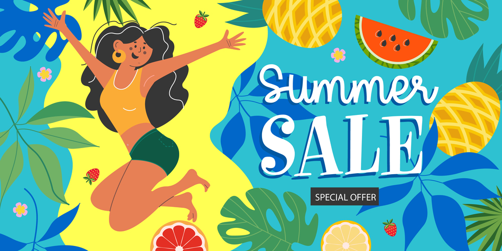Summer sale. A happy girl jumps among the fruits and foliage. Vector colorful bright and exotic illustration, poster.. Summer sale. Vector colorful bright and exotic illustration, poster.