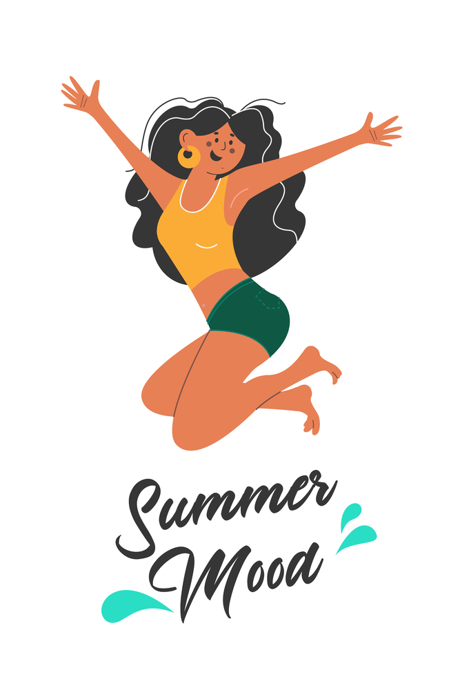 Summer mood. A cheerful tanned girl happily jumps. Vector illustration on a white background.. Summer mood. Vector illustration on a white background.