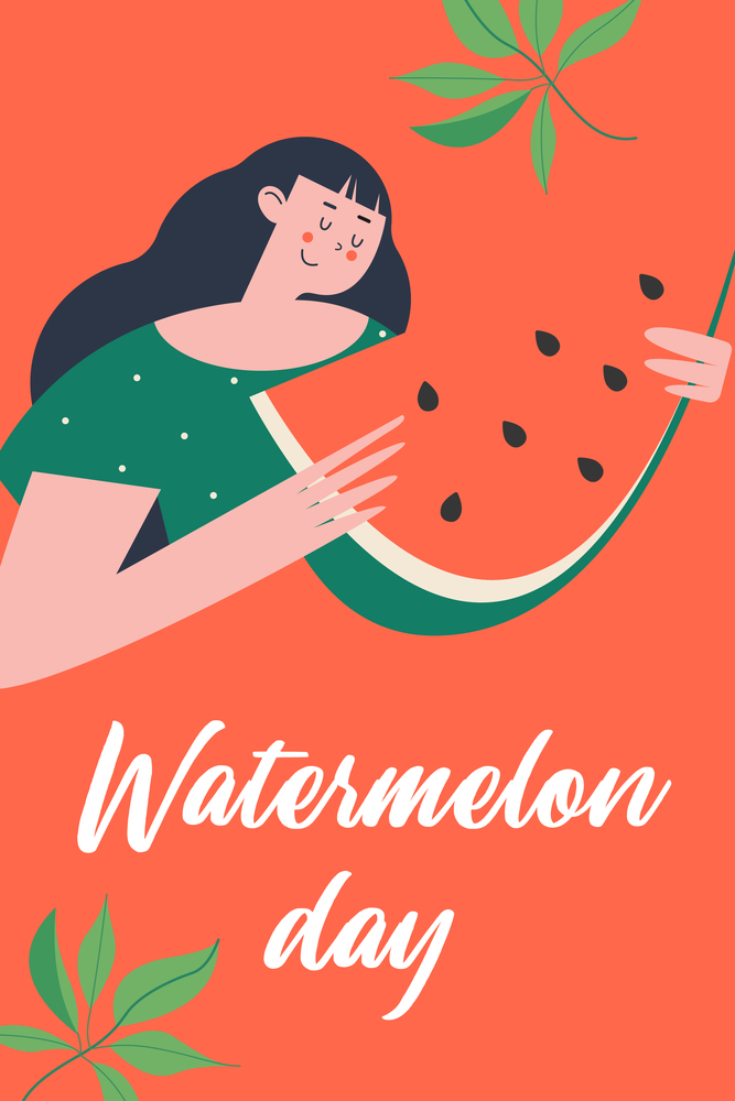 Watermelon Day. Colorful vector poster. A pretty girl is holding a slice of juicy watermelon in her hands. On a red background.. Watermelon Day. Festive fun vector clipart. Template for a postcard, poster, invitation.