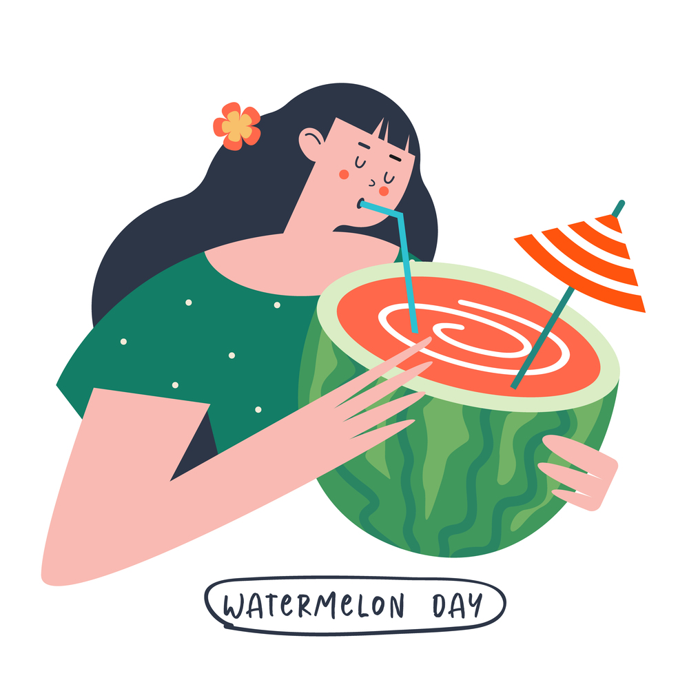 Festive poster, vector postcard for the National Watermelon Day. A pretty girl is holding a juicy watermelon cocktail in her hands.. Watermelon Day. Festive fun vector clipart. Template for a postcard, poster, invitation.