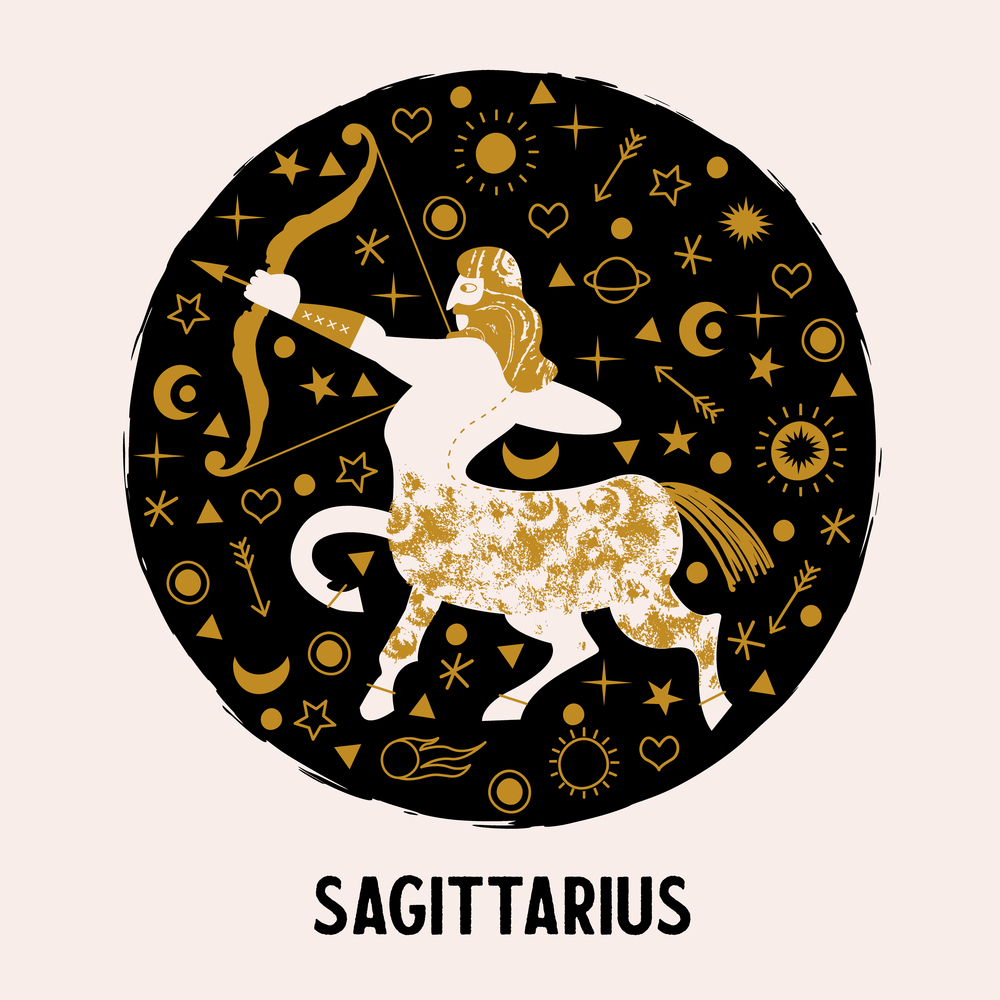 Sagittarius. Zodiac sign. Centaur shoots a bow among the stars. Round vector emblem.. Sagittarius. Zodiac sign. The centaur shoots a bow. Vector emblem.