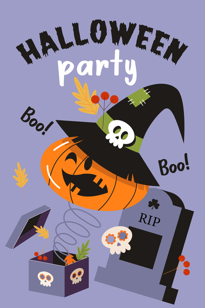 Halloween party. Vector illustration, invitation. A funny and scary pumpkin jumped out of the box.. Happy Halloween vector poster, banner, invitation with orange scary and funny pumpkins.