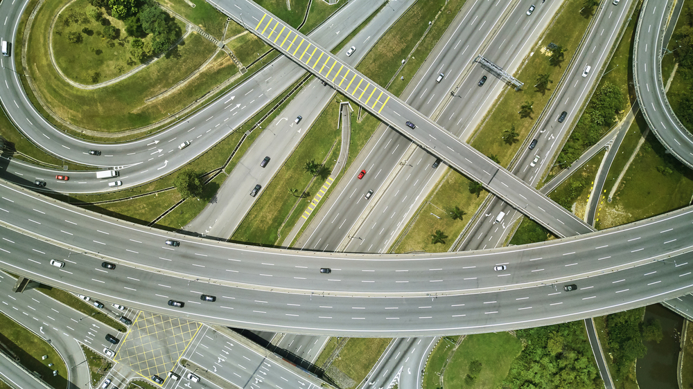 Aerial view of highway and overpass in city  located at Kuala Lumpur ,Malaysia .