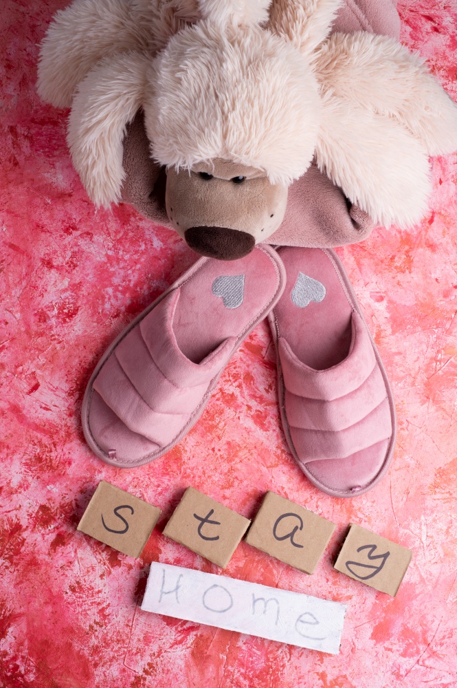 cozy home set with slippers and toy dog  against pink background. concept composition