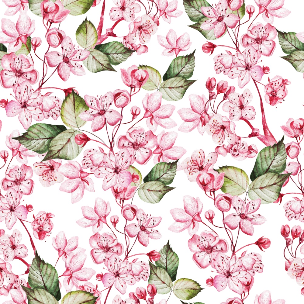 Seamles pattern with japanese sakura with pink flowers and green leaves. Illustration. Seamles pattern with japanese sakura with pink flowers and green leaves.
