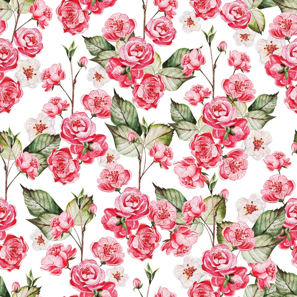 Seamles pattern with japanese sakura with pink flowers and green leaves. Illustration. Seamles pattern with japanese sakura with pink flowers and green leaves.