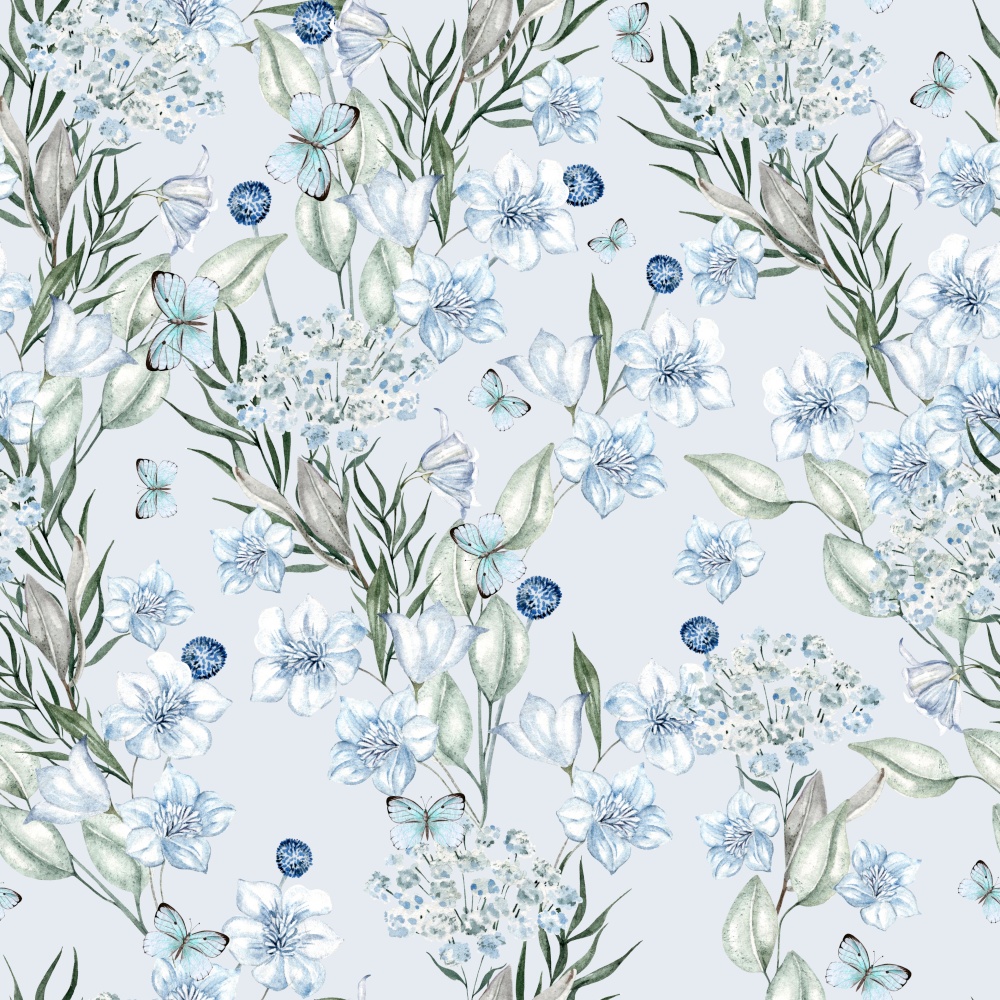Beautiful watercolor seamless pattern with blue flowers and leaves. Illustration. Beautiful watercolor seamless pattern with blue flowers and leaves.