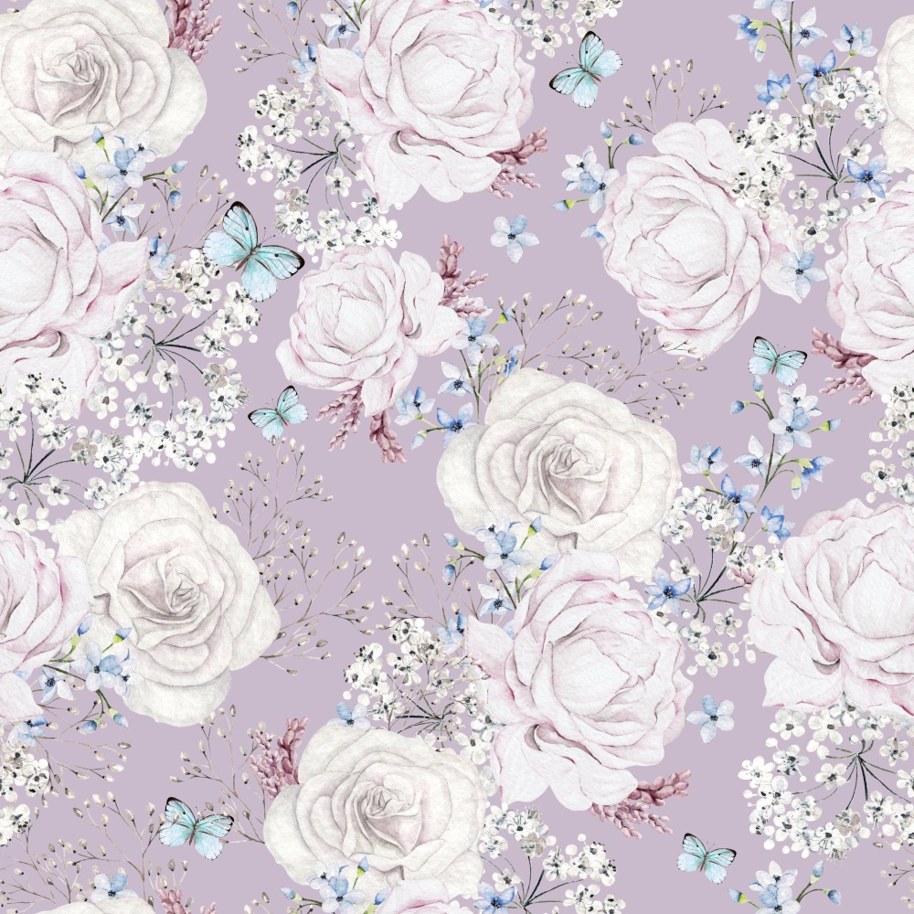 Beautiful watercolor seamless pattern  with rose, butterfly and blue flowers forget me not. Illustration. Beautiful watercolor seamless pattern  with rose, butterfly and blue flowers forget me not.