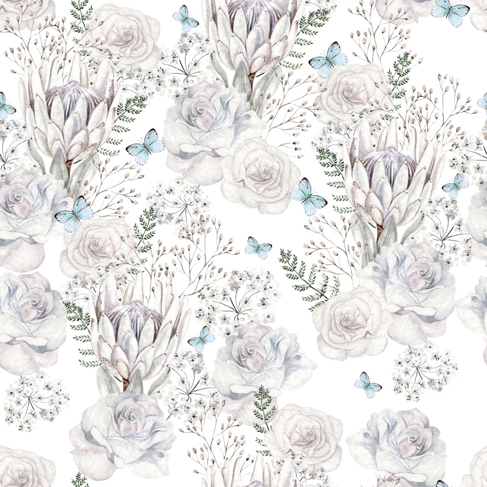 Beautiful watercolor seamless pattern  with rose, protea, butterfly and blue flowers forget me not. Illustration. Beautiful watercolor seamless pattern  with rose, protea, butterfly and blue flowers forget me not.