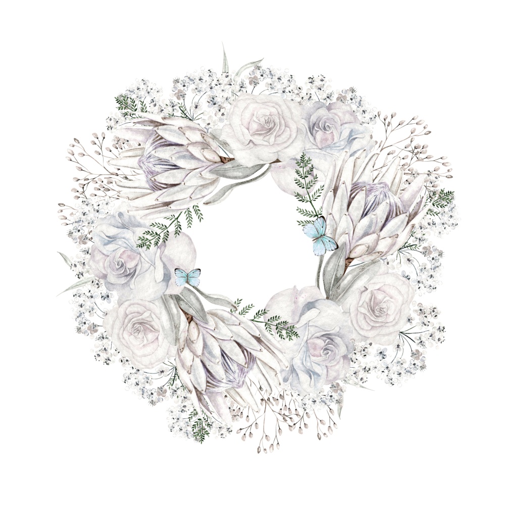 Beautiful watercolor wreath  with rose, protea, butterfly and blue flowers forget me not. Illustration. Beautiful watercolor wreath  with rose, protea, butterfly and blue flowers forget me not.
