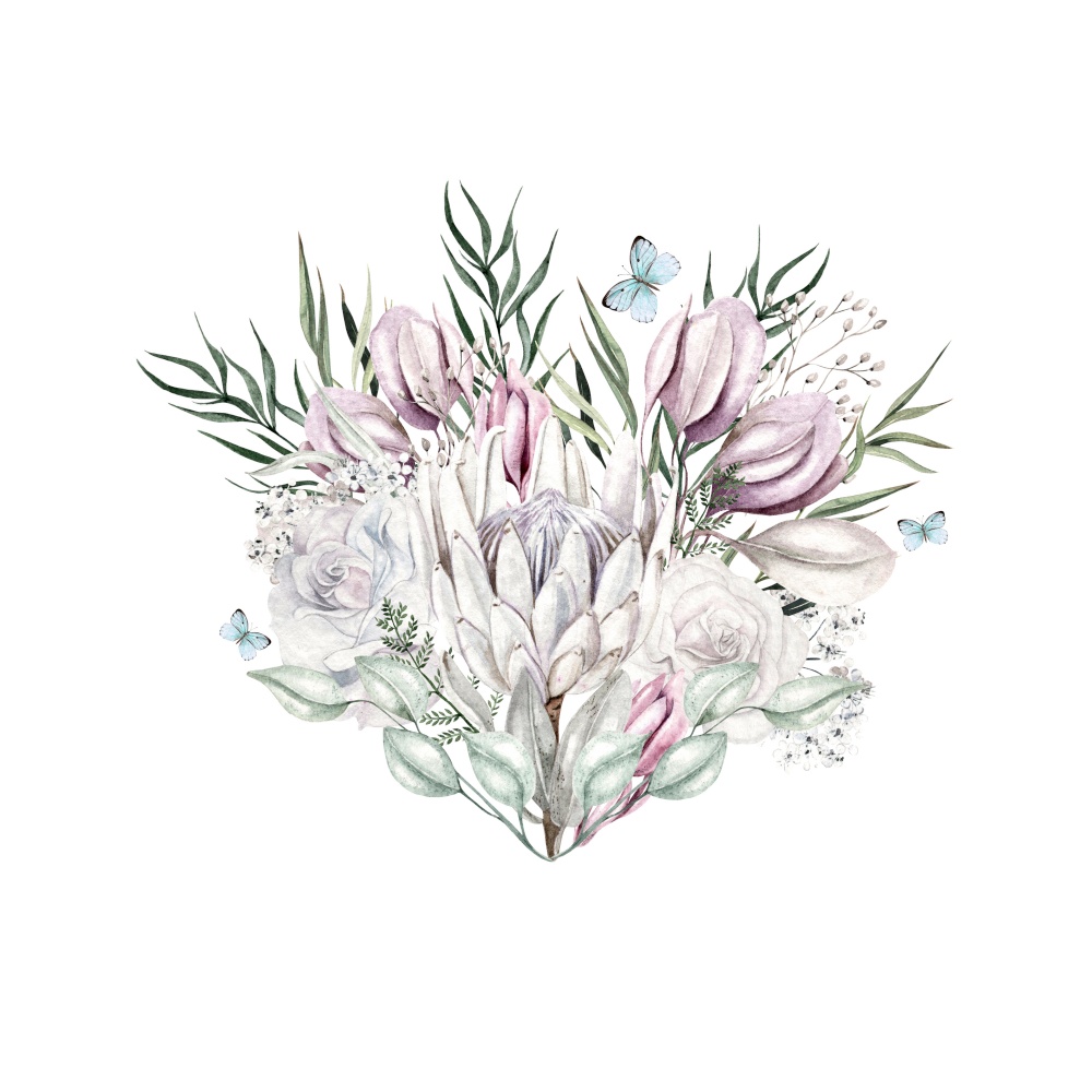 Beautiful watercolor wreath with rose, protea flowers and eucalyptus leaves. Illustration