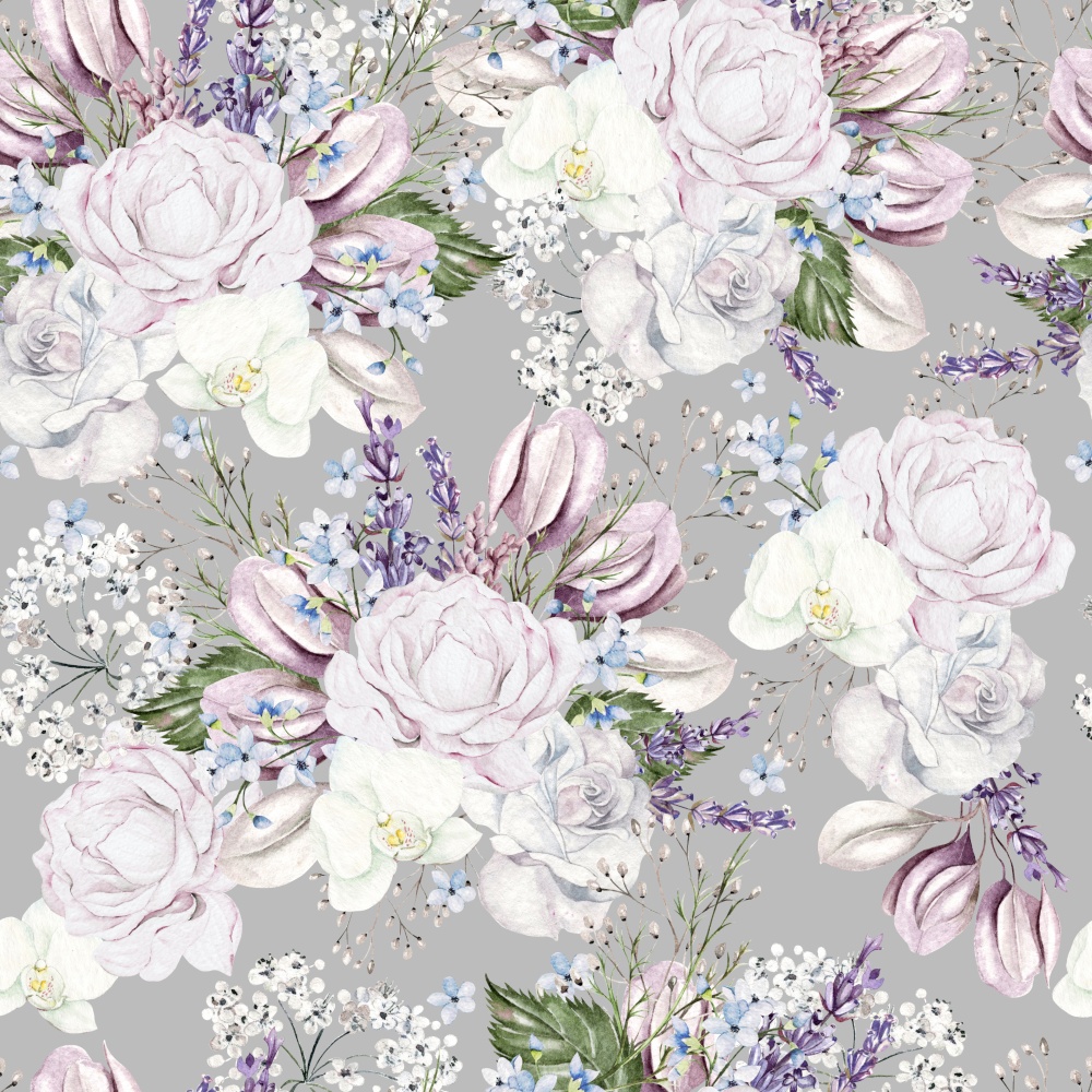 Beautiful watercolor seamless pattern  with roses and peony flowers, gypsophila, lavender and eucalyptus leaves. Illustration. Beautiful watercolor seamless pattern  with roses and peony flowers, gypsophila, lavender and eucalyptus leaves.