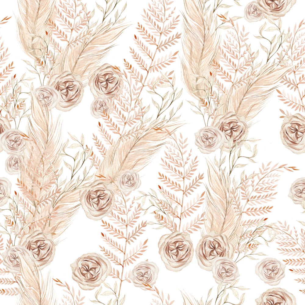 Watercolor boho seamless pattern with hand painted rose flowers, leaves, branches of pampas. Illustration. Watercolor boho seamless pattern with hand painted rose flowers, leaves, branches of pampas.