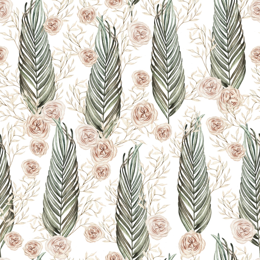 Watercolor boho seamless pattern with hand painted tropical leaves, branches  and rose flowers.   Illustration. Watercolor boho seamless pattern with hand painted tropical leaves, branches  and rose flowers.
