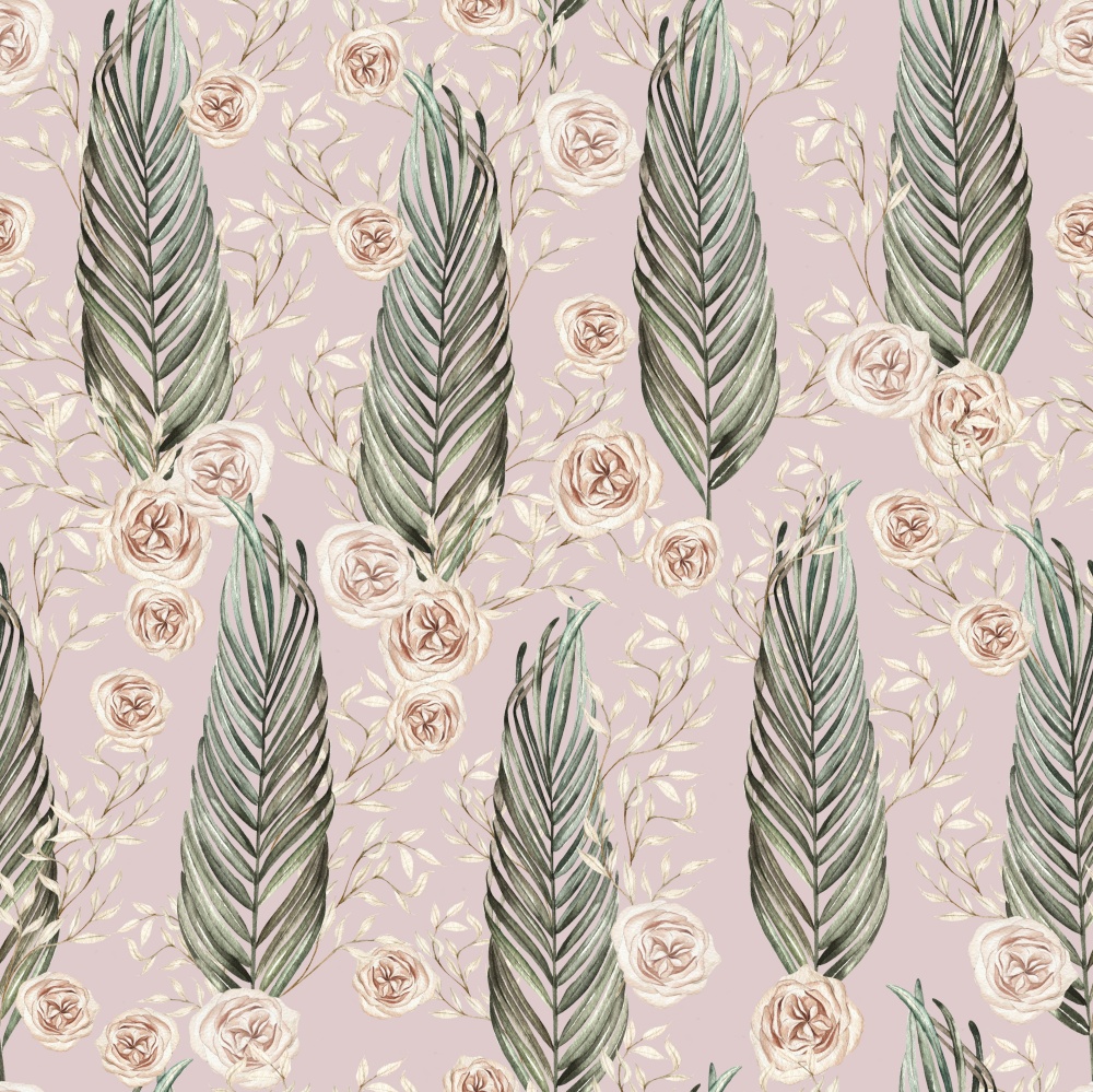 Watercolor boho seamless pattern with hand painted tropical leaves, branches  and rose flowers.   Illustration. Watercolor boho seamless pattern with hand painted tropical leaves, branches  and rose flowers.