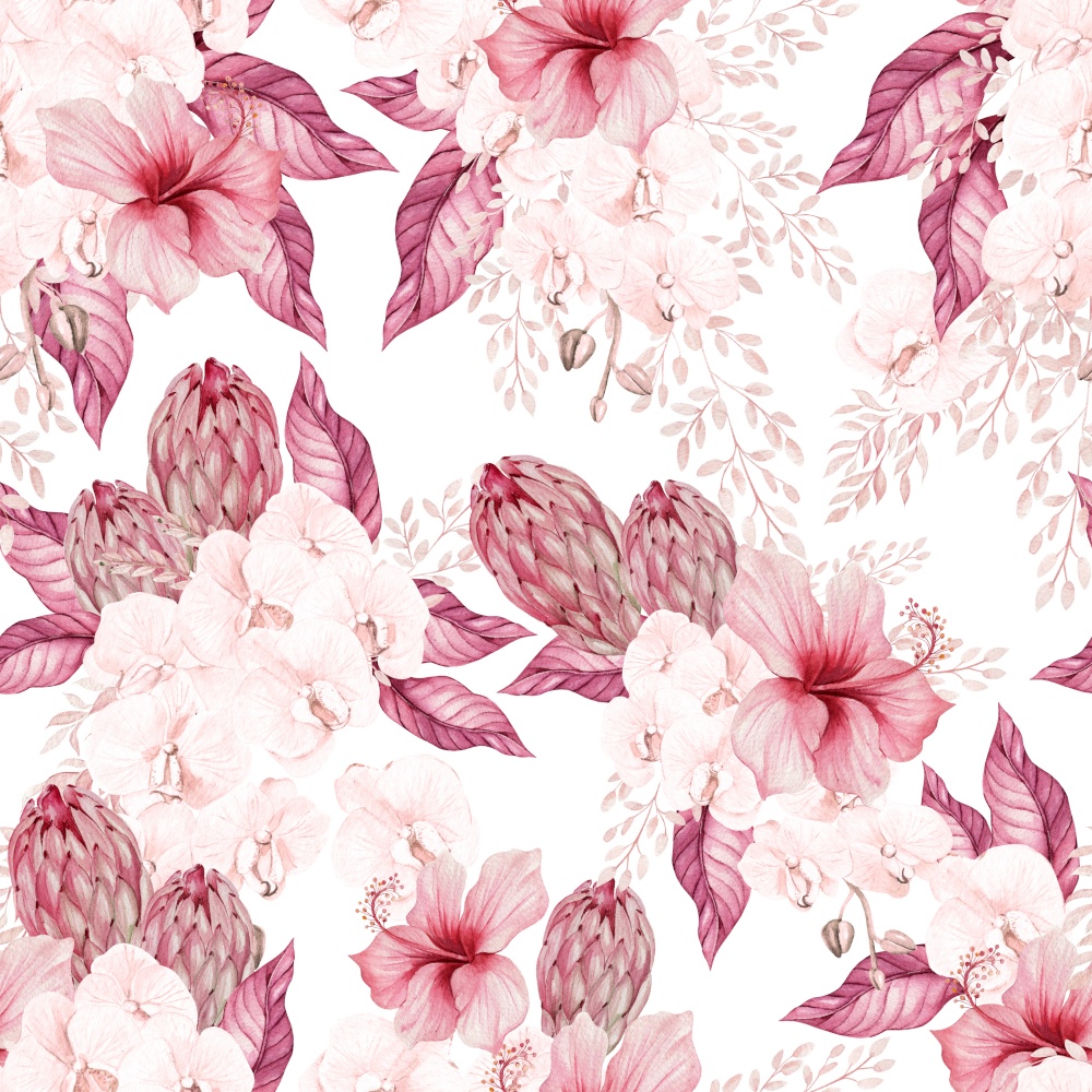 Watercolor wedding pink tropical seamless pattern with Exotic flowers, orchid, protea and leaves. Illustration. Watercolor wedding pink tropical seamless pattern with Exotic flowers, orchid, protea and leaves.