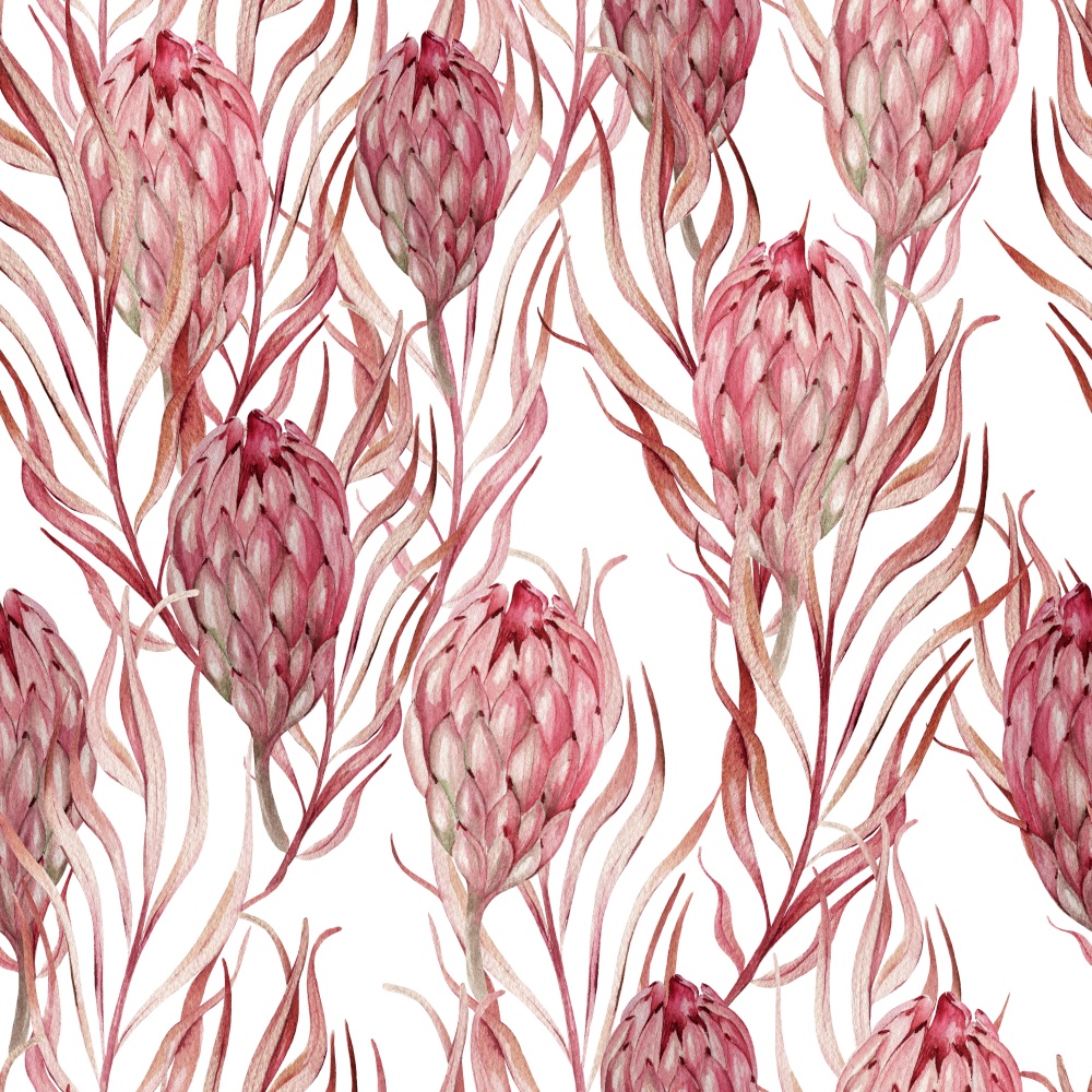 Watercolor wedding pink tropical seamless pattern with Exotic flowers protea and palm leaves. Illustration. Watercolor wedding pink tropical seamless pattern with Exotic flowers protea and palm leaves.