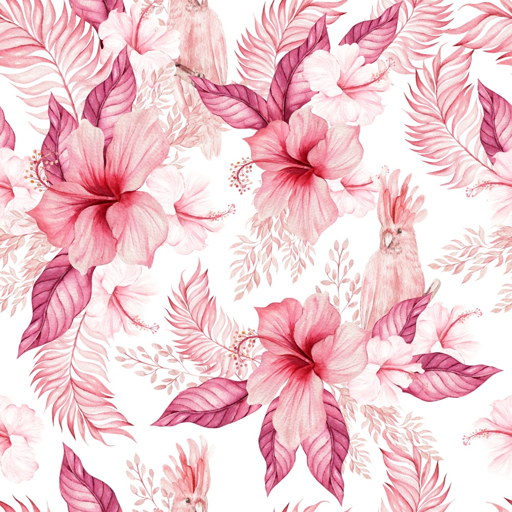 Watercolor wedding pink tropical seamless pattern with Exotic flowers hibicsus and leaves, parrot. Illustration. Watercolor wedding pink tropical seamless pattern with Exotic flowers hibicsus and leaves, parrot.