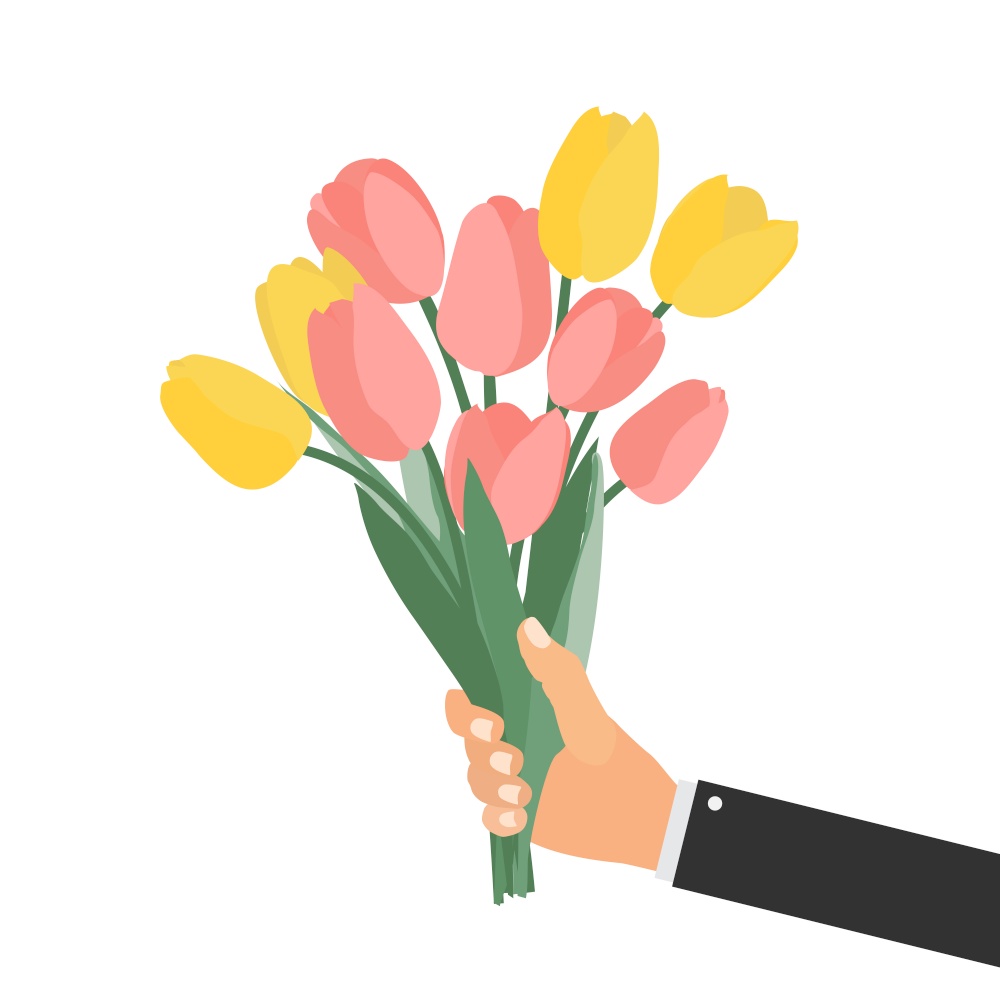 Hand holding Bouquet of spring flowers tulips. Vector Illustration. Hand holding Bouquet of spring flowers tulips. Vector Illustration. PS10