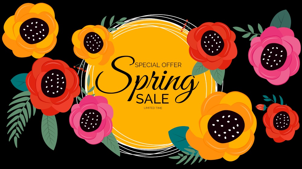 Promotion offer, card for spring sale season with spring plants, leaves and flowers decoration. Vector Illustration EPS10. Promotion offer, card for spring sale season with spring plants, leaves and flowers decoration. Vector Illustration.
