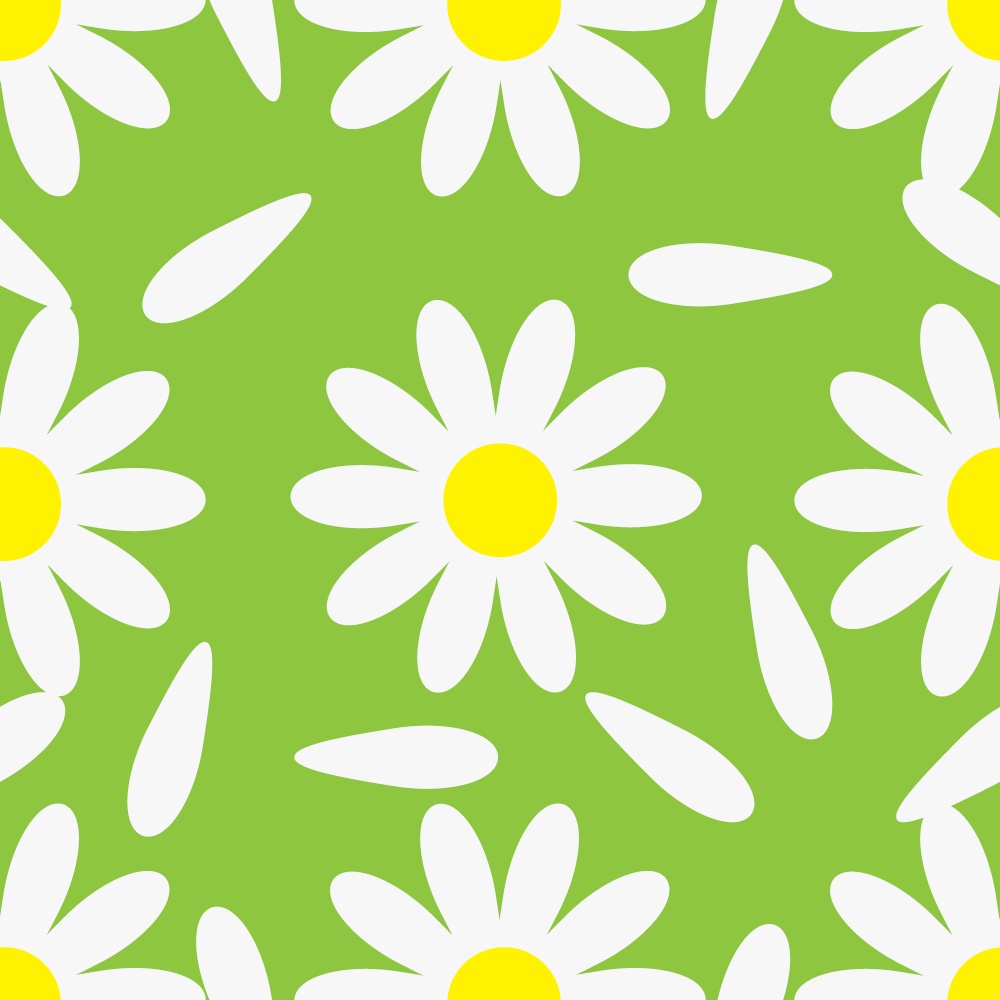 Blooming chamomile with petals on green background, seamless pattern. Vector Illustration. EPS10. Blooming chamomile with petals on green background, seamless pattern. Vector Illustration