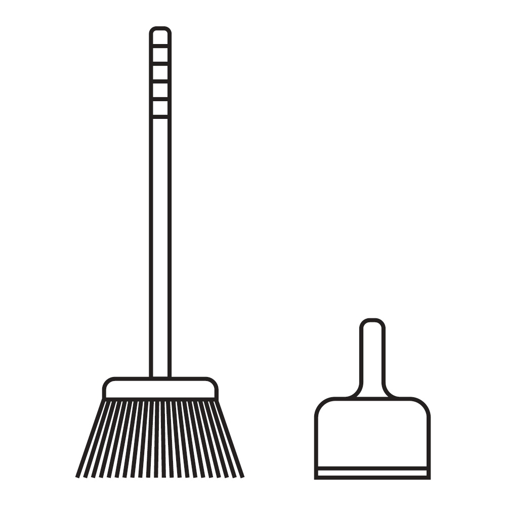 Manual broom and scoop for cleaning. Black and white icon. Vector Illustration. EPS10. Manual broom and scoop for cleaning. Black and white icon. Vector Illustration