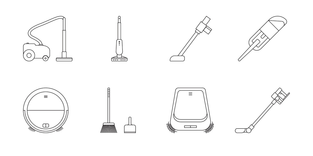 Floor cleaning set - broom, scoop, robot vacuum cleaner. Black and white icon. Vector Illustration. EPS10. Floor cleaning set - broom, scoop, robot vacuum cleaner. Black and white icon. Vector Illustration