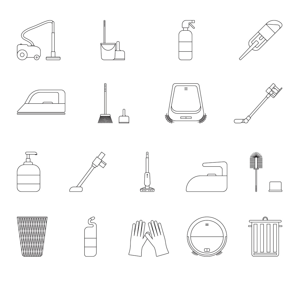 A set of cleaning equipment - buckets, brushes, gels, gloves. Black and white icon. Vector Illustration. EPS10. A set of cleaning equipment - buckets, brushes, gels, gloves. Black and white icon. Vector Illustration