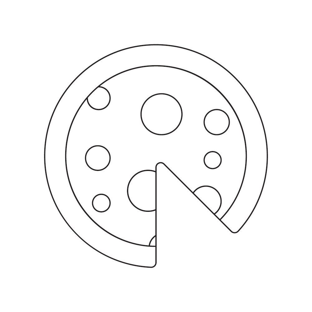 Delicious cooked pizza, black and white icon. Vector Illustration. EPS10. Delicious cooked pizza, black and white icon. Vector Illustration