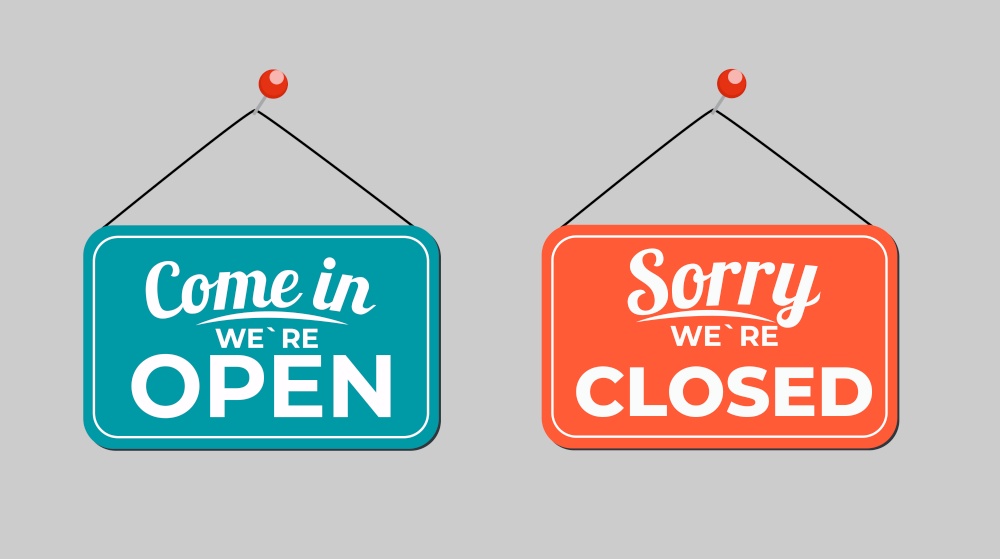 Come in We Are Open, Sorry We&rsquo;re Closed Icon Sign Set Vector Illustration EPS10. Come in We Are Open, Sorry We&rsquo;re Closed Icon Sign Set Vector Illustration