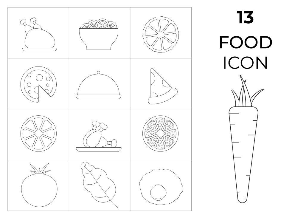 Set of 13 black and white food icons - tomato, carrot, chicken, pizza, salad. Vector Illustration. EPS10. Set of 13 black and white food icons - tomato, carrot, chicken, pizza, salad. Vector Illustration