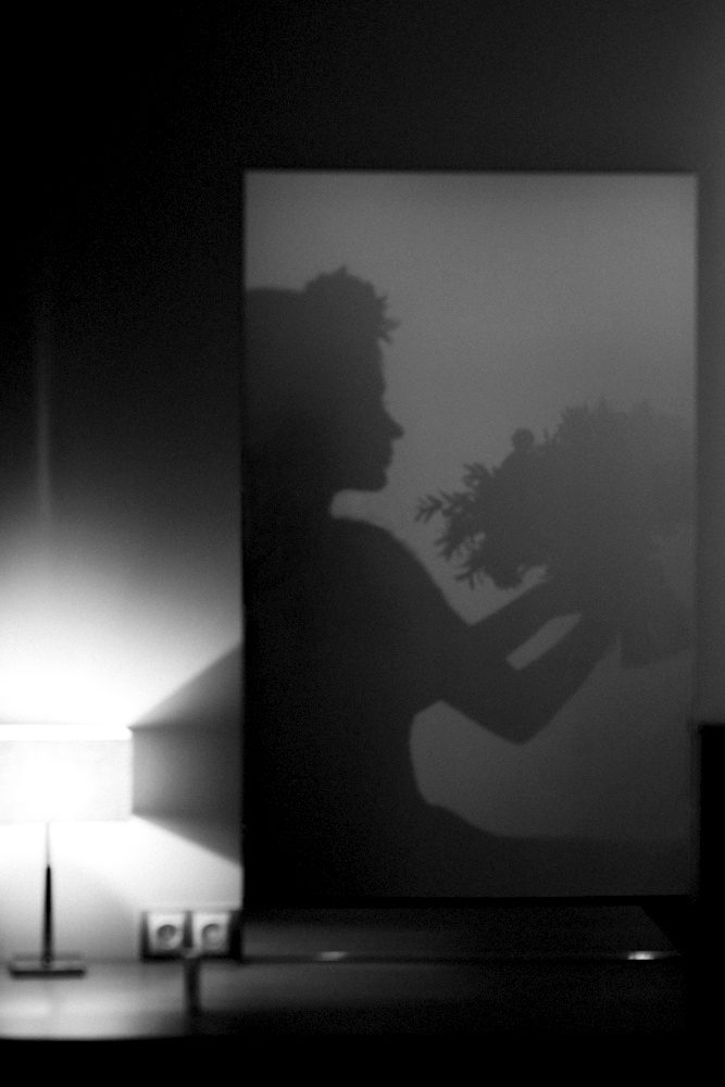 silhouette of a girl with a bouquet in her hands in the mirror