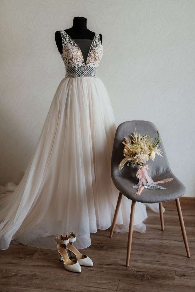 bridesmaid dress on a mannequin with a bouquet and shoes