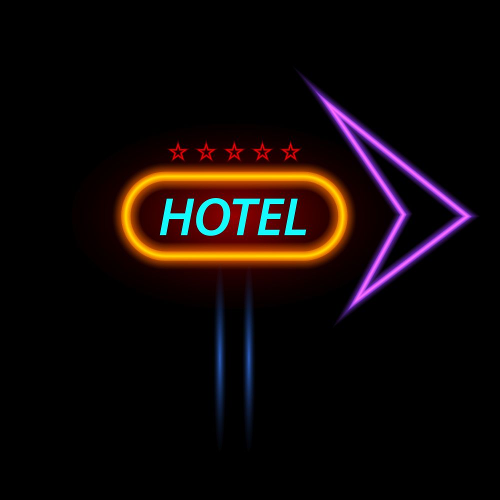 Neon sign of the hotel on a dark background. Vector illustration .. Neon sign of the hotel on a dark background.