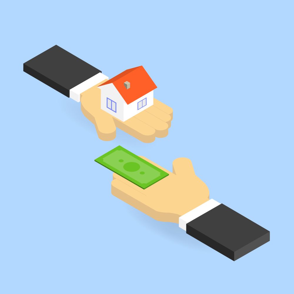 Businessman buys real estate. Isometric vector illustration.. Businessman buys real estate.