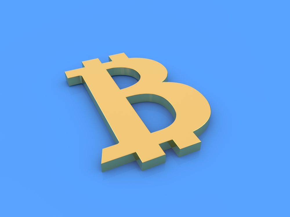 Bitcoin symbol on a blue background. 3d render illustration.
