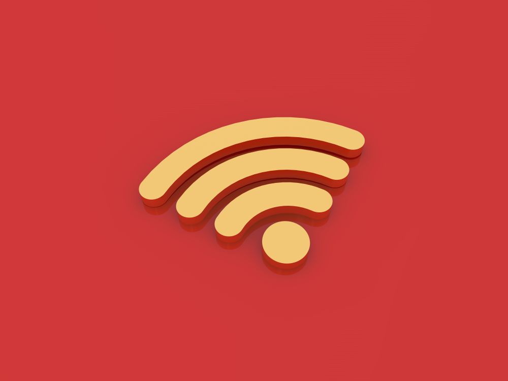 Golden Wi fi sign on a red background. 3d render illustration.. Golden Wi fi sign on a red background.