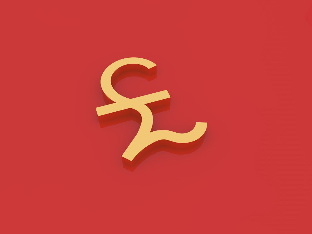 Gold pound sterling symbol on a red background. 3d render illustration.. Gold pound sterling symbol on a red background.