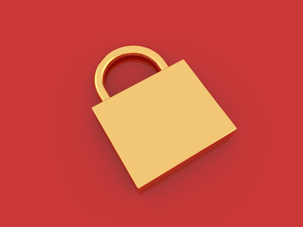Padlock of gold on a red background. 3d render illustration.. Padlock of gold on a red background.