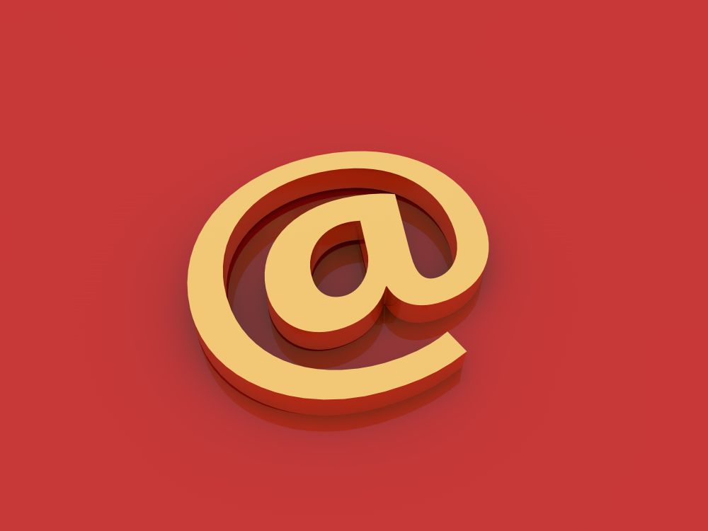 Email of gold on a red background. 3d render illustration.. Email of gold on a red background.