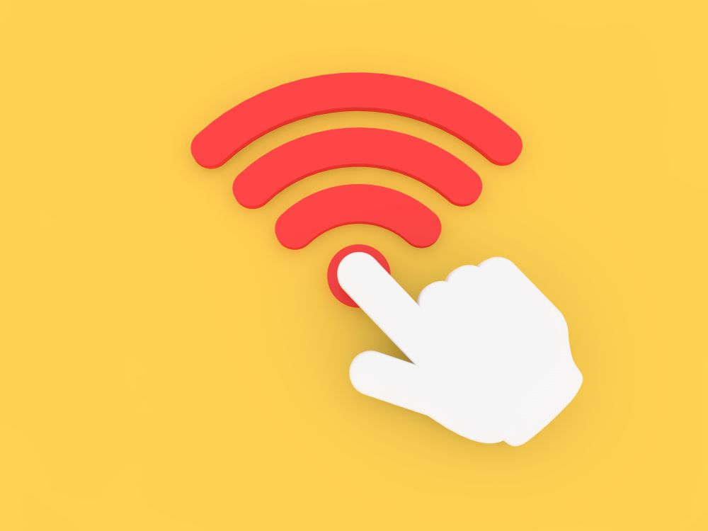 Hand cursor clicks on the wi-fi sign. 3d render illustration.. Hand cursor clicks on the wi-fi sign.