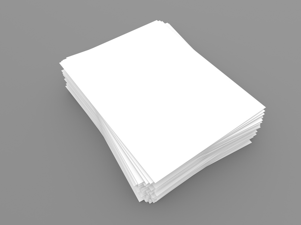 Stack of blank A4 white paper template sheets on gray background. 3d render illustration.. Stack of blank A4 white paper template sheets on gray background.